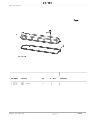 TRATORES JOHN DEERE 7500 CPCQ26568 30Jan02
TAMPA DOS BALANCINS
1
2
3
AT21679
AR103811
R75728
TAMPA
PARAF C/ARRUELA
JUNTA
1
12
7
5
0
0
X
X
X
20.018
-
-
-
ITEM NÚMERO DESCRIÇÃO QTDE OBSERVAÇÕESNO. SÉRIE
 