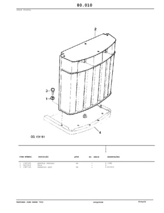 TRATORES JOHN DEERE 7500 CPCQ26568 30Jan02
GRADE FRONTAL
1
2
3
12M7066
DQ33424
19M7166
ARRUELA PRESSAO
TELA
PARAFUSO SEXT
AR
AR
7
5
0
0
X
X
X
10MM
M10X20
80.010
-
-
-
ITEM NÚMERO DESCRIÇÃO QTDE OBSERVAÇÕESNO. SÉRIE
 
