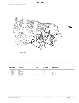 TRATORES JOHN DEERE 7500 CPCQ26568 30Jan02
CONTRAPESOS DIANTEIROS ADICIONAIS
1
2
3
4
5
6
7
T32146
L18955
L38449
CQ27661
19M7642
L38450
AR68801
12M7044
PINO
CONTRAPINO
PESO
PARAF SEXT
PARAF SEXT
PESO
SUPORTE
ARRUELA
1
1
4
AR
4
2
AR
7
5
0
0
X
X
X
X
X
X
X
X
RH
M16X270
M16X260
LH
80.012
-
-
-
-
-
-
-
-
ITEM NÚMERO DESCRIÇÃO QTDE OBSERVAÇÕESNO. SÉRIE
 
