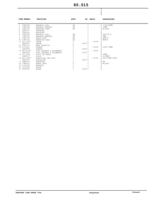 TRATORES JOHN DEERE 7500 CPCQ26568 30Jan02
1
2
3
4
5
6
7
8
10
11
12
13
14
15
16
17
18
19
20
21
24M7040
12M7066
19M7167
DQ40077
CQ40081
24M7026
12M7065
19M7162
19M7163
AL117427
DQ36681
40M7112
L115015
CQ43006
AL110150
DQ43004
L111484
30M7017
AL111805
DQ43007
58M5574
19M8552
L100245
L100246
CQ43005
ARRUELA LISA
ARRUELA PRESSAO
PARAFUSO SEXT
PROTEÇÃO
PROTEÇÃO
ARRUELA LISA
ARRUELA PRESSAO
PARAF SEXT
PARAFUSO SEXT
CARDÃ
CARDÃ
ANEL ELÁSTICO
FLANGE
FLANGE
CONJ.CRUZETA E ROLAMENTO
CONJ CRUZETA E ROLAMENTO
DISCO DE FREIO
DISCO
FORQUILHA COM EIXO
FORQUILHA
GRAXEIRA
PARAF SEXT
ARRUELA
BUCHA
GARFO
AR
AR
AR
AR
AR
AR
AR
1
1
8
1
1
2
2
1
1
1
1
1
4
1
1
1
13237
13237
13237
13237
13237
13236
13236
13236
13236
7
5
0
0
X
X
X
X
X
X
X
X
X
X
X
X
X
X
X
X
X
X
X
X
X
X
X
X
X
11X21X2MM
10MM
M10X25
9X17X1,6
5MM
M8X16
M8X25
LGTH 56MM
48MM
0=45MM
TH=143MM LGTH
M8
M12X25
80.015
-
-
-
-
-
-
-
-
-
-
-
-
-
-
-
-
-
-
-
-
-
-
-
-
-
ITEM NÚMERO DESCRIÇÃO QTDE OBSERVAÇÕESNO. SÉRIE
 