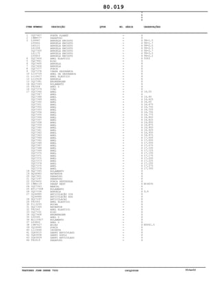 TRATORES JOHN DEERE 7500 CPCQ26568 30Jan02
1
2
3
4
5
6
7
8
9
10
11
12
13
14
15
16
17
18
19
20
21
22
23
24
25
26
27
28
29
30
31
32
33
34
35
36
37
38
39
40
41
42
43
44
CQ27407
19M8577
L39997
L55602
L40121
L41008
CQ27305
L41170
L55603
CQ27406
CQ27861
CQ27405
CQ27404
CQ27377
CQ27378
L110729
L110417
L110418
CQ27381
DQ27345
T82559
CQ27379
CQ27346
CQ27347
CQ27348
CQ27349
CQ27350
CQ27351
CQ27352
CQ27353
CQ27354
CQ27355
CQ27356
CQ27357
CQ27358
CQ27359
CQ27360
CQ27361
CQ27362
CQ27363
CQ27364
CQ27365
CQ27366
CQ27367
CQ27368
CQ27369
CQ27370
CQ27371
CQ27372
CQ27373
CQ27374
CQ27375
CQ27376
DQ27345
DQ36983
CQ27401
CQ27297
CQ29402
19M6119
CQ27343
AT117348
CQ27336
CQ36985
CQ36984
DQ27297
T82543
T113255
DQ27344
T82543
CQ27331
CQ27408
L55595
AL110927
L53843
15M7027
CQ16065
L110646
CQ43010
CQ43008
CQ43009
T82619
PORTA PLANET
PARAFUSO
ARRUELA ENCOSTO
ARRUELA ENCOSTO
ARRUELA ENCOSTO
ARRUELA ENCOSTO
ARRUELA ENCOSTO
ARRUELA ENCOSTO
ARRUELA ENCOSTO
ANEL ELASTICO
EIXO
ARRUELA
ARRUELA
PORCA
CHAPA SEGURANCA
ANEL DE SEGURANÇA
ANEL ELÁSTICO
ARRUELA
ENGRENAGEM
ROLAMENTO
ANEL O
CUBO
ANEL
ANEL
ANEL
ANEL
ANEL
ANEL
ANEL
ANEL
ANEL
ANEL
ANEL
ANEL
ANEL
ANEL
ANEL
ANEL
ANEL
ANEL
ANEL
ANEL
ANEL
ANEL
ANEL
ANEL
ANEL
ANEL
ANEL
ANEL
ANEL
ANEL
ANEL
ROLAMENTO
RETENTOR
PARAFUSO
PARAFUSO
PORCA SEXTAVADA
PARAF SEXT
MANCAL
ROLAMENTO
ARRUELA
ARTICULAÇÃO DIR
ARTICULAÇÃO ESQ
ARTICULACAO
ANEL ELASTICO
BUCHA
RETENTOR
ANEL ELASTICO
EIXO
ENGRENAGEM
ANEL O
ROLAMENTO
ANEL O
BUJAO
PORCA
CRUZETA
GARFO ARTICULADO
GARFO DUPLO
GARFO ARTICULADO
PARAFUSO
7
5
0
0
X
X
X
X
X
X
X
X
X
X
X
X
X
X
X
X
X
X
X
X
X
X
X
X
X
X
X
X
X
X
X
X
X
X
X
X
X
X
X
X
X
X
X
X
X
X
X
X
X
X
X
X
X
X
X
X
X
X
X
X
X
X
X
X
X
X
X
X
X
X
X
X
X
X
X
X
X
X
X
X
X
TK=1,5
TK=1,7
TK=2,0
TK=2,5
TK=2,7
TK=3,0
TK=2,2
52X3
16,55
16,60
16,625
16,65
16,675
16,700
16,725
16,750
16,775
16,800
16,825
16,850
16,875
16,900
16,925
16,950
16,975
17,000
17,025
17,050
17,075
17,100
17,125
17,150
17,175
17,200
17,225
17,250
17,275
17,300
M14X35
0,6
M30X1,5
80.019
-
-
-
-
-
-
-
-
-
-
-
-
-
-
-
-
-
-
-
-
-
-
-
-
-
-
-
-
-
-
-
-
-
-
-
-
-
-
-
-
-
-
-
-
-
-
-
-
-
-
-
-
-
-
-
-
-
-
-
-
-
-
-
-
-
-
-
-
-
-
-
-
-
-
-
-
-
-
-
-
-
ITEM NÚMERO DESCRIÇÃO QTDE OBSERVAÇÕESNO. SÉRIE
 