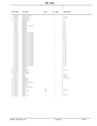 TRATORES JOHN DEERE 7500 CPCQ26568 30Jan02
1
2
3
4
5
6
7
8
9
10
11
12
13
14
15
16
17
18
19
20
21
22
23
24
25
26
27
28
29
30
31
DQ27256
19M8119
34M7135
DQ27991
CQ27394
L41002
L41003
L41004
L41005
L116252
L41003
L41000
L40999
L40998
L40997
L101690
L112211
L112212
L112213
L112214
L112215
L112216
L112222
L112217
L112218
L112219
L112220
L112221
L112210
L112209
L112208
L112207
L112206
L112205
L112204
L112203
L112202
L112201
L112200
L112199
L112198
L116248
L116249
L116250
L116251
DQ27344
T113255
CQ27330
CQ27992
L110641
DQ27319
L40003
L62419
L35577
L62420
L40130
CQ27322
L60103
CQ27323
L110636
JD37087
R75522
AL32877
CQ29337
CQ27329
A31870
19M7921
L78006
L78009
L111817
19M7907
CQ27396
COROA E PINHAO
PARAF SEXT
PINO ELASTICO
ROLAMENTO
ANEL ELASTICO
ARRUELA
ARRUELA
ARRUELA
ARRUELA
ARRUELA DE AJUSTE
ARRUELA
ARRUELA
ARRUELA
ARRUELA
ARRUELA
ARRUELA DE AJUSTE]
ARRUELA DE AJUSTE
ARRUELA DE AJUSTE
ARRUELA DE AJUSTE
ARRUELA DE AJUSTE
ARRUELA DE AJUSTE
ARRUELA DE AJUSTE
ARRUELA DE AJUSTE
ARRUELA DE AJUSTE
ARRUELA DE AJUSTE
ARRUELA DE AJUSTE
ARRUELA DE AJUSTE
ARRUELA DE AJUSTE
ARRUELA DE AJUSTE
ARRUELA DE AJUSTE
ARRUELA DE AJUSTE
ARRUELA DE AJUSTE
ARRUELA DE AJUSTE
ARRUELA DE AJUSTE
ARRUELA DE AJUSTE
ARRUELA DE AJUSTE
ARRUELA DE AJUSTE
ARRUELA DE AJUSTE
ARRUELA DE AJUSTE
ARRUELA DE AJUSTE
ARRUELA DE AJUSTE
ARRUELA DE AJUSTE
ARRUELA DE AJUSTE
ARRUELA DE AJUSTE
ARRUELA DE AJUSTE
RETENTOR
BUCHA
CARCACA
PARAF SEXT
ARRUELA
ALOJAMIENTO
PLACA INT.
PLACA
PLACA
PLACA
ARRUELA
ENGRENAGEM
ARRUELA
ENGRENAGEM
EIXO DO DIFERENCIAL
ROLAMENTO
ARRUELA
RESPIRO
REBITE RANHURADO
CARCACA
PORCA
PARAF SEXT
BUCHA
ARRUELA
PINO
PARAF SEXT
BUCHA
AR
AR
AR
2
7
5
0
0
X
X
X
X
X
X
X
X
X
X
X
X
X
X
X
X
X
X
X
X
X
X
X
X
X
X
X
X
X
X
X
X
X
X
X
X
X
X
X
X
X
X
X
X
X
X
X
X
X
X
X
X
X
X
X
X
X
X
X
X
X
X
X
X
X
X
X
X
X
X
X
X
M12X130
14X40
0,4
0,3
0,2
0,1
2,50
0,3
0,6
0,8
1,0
1,2
0,55
0,65
0,70
0,75
0,85
0,90
0,95
1,05
1,10
1,15
1,25
1,30
1,35
1,40
1,45
1,50
1,55
1,60
1,65
1,70
1,75
1,80
1,85
1,90
1,95
2,00
2,30
2,35
2,40
2,45
M18X60
TK=1,2
TK=1,3
TK=1,4
TK=3,2MM
M20X150
M20X140
80.021
-
-
-
-
-
-
-
-
-
-
-
-
-
-
-
-
-
-
-
-
-
-
-
-
-
-
-
-
-
-
-
-
-
-
-
-
-
-
-
-
-
-
-
-
-
-
-
-
-
-
-
-
-
-
-
-
-
-
-
-
-
-
-
-
-
-
-
-
-
-
-
-
ITEM NÚMERO DESCRIÇÃO QTDE OBSERVAÇÕESNO. SÉRIE
 
