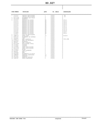 TRATORES JOHN DEERE 7500 CPCQ26568 30Jan02
1
2
3
4
5
6
7
8
9
10
11
12
13
14
15
16
17
18
19
20
21
22
23
24
25
26
L110707
L110710
AL111096
AL110924
L110711
L110712
L110713
L110714
L110715
L110716
L110717
L110718
L110719
L110720
L110721
L116246
L116247
L112111
19M6119
AL81776
L110642
40M1873
T159519
AL81843
T82543
AL110925
L110647
L110646
L110648
AL111187
L101813
L110650
T82559
T187684
AL81844
19M8858
CQ27401
L114785
14M7447
CARCAÇA ARTICULAÇÃO
CARCAÇA ARTICULAÇÃO
ROLAMENTO DOS ROLOS
RETENTOR
ARRUELA DE AJUSTE
ARRUELA DE AJUSTE
ARRUELA DE AJUSTE
ARRUELA DE AJUSTE
ARRUELA DE AJUSTE
ARRUELA DE AJUSTE
ARRUELA DE AJUSTE
ARRUELA DE AJUSTE
ARRUELA DE AJUSTE
ARRUELA DE AJUSTE
ARRUELA DE AJUSTE
ARRUELA DE AJUSTE
ARRUELA DE AJUSTE
PINO DA ARTICULAÇÃO
PARAF SEXT
ROLAMENTO DE ESFERAS
CUBO
ANEL ELASTICO
ANEL DE SEGURANÇA
RETENTOR
ANEL ELASTICO
ARTICULAÇÃO DUPLA
CRUZETA
CRUZETA
GARFO ARTICULAÇÃO
GARFO ARTICULAÇÃO
BUCHA
CHAPA RETENÇÃO
ANEL O
ANEL
ROLAMENTOS DO ROLOS
PARAFUSO SEXTAVADO
PARAFUSO
PARAFUSO ENCOSTO
PORCA SEXTAVADA
1
2
4
4
AR
AR
AR
AR
AR
AR
AR
AR
AR
AR
AR
AR
AR
4
16
2
2
2
2
2
2
2
2
4
2
2
2
2
2
2
4
16
20
2
2
14266
14266
14266
14266
14266
14266
14266
14266
14266
14266
14266
14266
14266
14266
14266
14266
14266
14266
14266
14266
14266
14266
14266
14266
14266
14266
14266
14266
14266
14266
14266
14266
14266
14266
14266
14266
14266
14266
14266
7
5
0
0
X
X
X
X
X
X
X
X
X
X
X
X
X
X
X
X
X
X
X
X
X
X
X
X
X
X
X
X
X
X
X
X
X
X
X
X
X
X
X
RH
LH
S=0,2
S=0,3
S=0,4
S=0,6
S=0,8
S=1,0
S=1,2
S=1,4
S=1,6
S=1,8
S=2,0
S=0,7
S=0,5
M14X35
90X3,0MM
80.027
-
-
-
-
-
-
-
-
-
-
-
-
-
-
-
-
-
-
-
-
-
-
-
-
-
-
-
-
-
-
-
-
-
-
-
-
-
-
-
ITEM NÚMERO DESCRIÇÃO QTDE OBSERVAÇÕESNO. SÉRIE
 