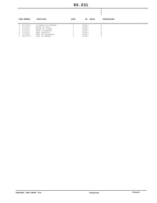 TRATORES JOHN DEERE 7500 CPCQ26568 30Jan02
1
2
3
4
5
6
7
AL119373
L116255
L116257
L116256
L152012
L116258
AL119378
CILINDRO DA DIREÇÃO
BUCHA DE GUIA
HASTE DO PISTÃO
TUBO CILINDRICO
ANEL ELÁSTICO
ANEL DE SEGURANÇA
JOGO DE REPARO
1
1
1
1
1
1
1
14266
14266
14266
14266
14266
14266
14266
7
5
0
0
X
X
X
X
X
X
X
80.031
-
-
-
-
-
-
-
ITEM NÚMERO DESCRIÇÃO QTDE OBSERVAÇÕESNO. SÉRIE
 