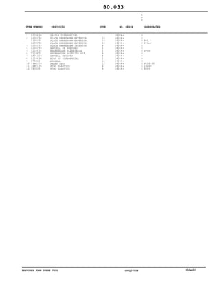 TRATORES JOHN DEERE 7500 CPCQ26568 30Jan02
1
2
3
4
5
6
7
8
9
10
11
12
L110634
L100150
L100151
L100152
L100153
L100154
L110635
T116851
L601103
L110636
R75522
19M8119
34M7135
T82618
GAIOLA DIFERENCIAL
PLACA EMBREAGEM EXTERIOR
PLACA EMBREAGEM EXTERIOR
PLACA EMBREAGEM EXTERIOR
PLACA EMBREAGEM INTERIOR
ARRUELA DE PRESSÃO
ENGRENAGEM PLANETÁRIA
ENGREANGEM SATÉLITE DIF.
ARRUELA ENCOSTO
EIXO DO DIFERENCIAL
ARRUELA
PARAF SEXT
PINO ELASTICO
PINO ELASTICO
10
10
10
8
2
2
4
4
2
12
12
4
4
14266
14266
14266
14266
14266
14266
14266
14266
14266
14266
14266
14266
14266
14266
7
5
0
0
X
X
X
X
X
X
X
X
X
X
X
X
X
X
S=1,1
S=1,2
Z=16
M12X130
14X40
8X40
80.033
-
-
-
-
-
-
-
-
-
-
-
-
-
-
ITEM NÚMERO DESCRIÇÃO QTDE OBSERVAÇÕESNO. SÉRIE
 