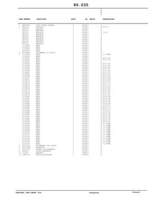 TRATORES JOHN DEERE 7500 CPCQ26568 30Jan02
1
2
3
4
5
6
7
8
9
10
DQ44683
T82518
T82519
T82520
T82521
T82522
T82523
T82524
T82525
T82526
T82527
L110654
L110655
L110656
L110657
AT148947
L110658
L110659
L110660
L110660
L110661
L110662
L110663
L110664
L110665
L110666
L110667
L110668
L110669
L110670
L110671
L110672
L110673
L110674
L110675
L110676
L110677
L110678
L110679
L110680
L110681
L110682
L110683
L110684
L110685
L110686
L110687
L110688
L110689
L110690
L110691
L110692
L110693
L110694
L110695
L110696
L110697
L110698
L110699
L110700
L110701
L110702
L110703
L110704
L110705
L110706
JD10359
AL110922
L110708
T82532
T75837
14M7523
CONJ.COROA PINHÃO
ARRUELA
ARRUELA
ARRUELA
ARRUELA
ARRUELA
ARRUELA
ARRUELA
ARRUELA
ARRUELA
ARRUELA
ANEL
ANEL
ANEL
ANEL
ROLAMENTO DO ROLOS
ANEL
ANEL
ANEL
ANEL
ANEL
ANEL
ANEL
ANEL
ANEL
ANEL
ANEL
ANEL
ANEL
ANEL
ANEL
ANEL
ANEL
ANEL
ANEL
ANEL
ANEL
ANEL
ANEL
ANEL
ANEL
ANEL
ANEL
ANEL
ANEL
ANEL
ANEL
ANEL
ANEL
ANEL
ANEL
ANEL
ANEL
ANEL
ANEL
ANEL
ANEL
ANEL
ANEL
ANEL
ANEL
ANEL
ANEL
ANEL
ANEL
ANEL
ROLAEMNTO DOS ROLOS
RETENTOR
FLANGE ACIONAMENTO
CHAPA RETENÇÃO
ARRUELA
PORCA SEXTAVADA
1
1
1
1
1
1
1
1
1
1
1
1
1
1
1
1
1
1
1
1
1
1
1
1
1
1
1
1
1
1
1
1
1
1
1
1
1
1
1
1
1
1
1
1
1
1
1
1
1
1
1
1
1
1
1
1
1
1
1
1
1
1
1
1
1
1
1
1
1
1
1
1
14266
14266
14266
14266
14266
14266
14266
14266
14266
14266
14266
14266
14266
14266
14266
14266
14266
14266
14266
14266
14266
14266
14266
14266
14266
14266
14266
14266
14266
14266
14266
14266
14266
14266
14266
14266
14266
14266
14266
14266
14266
14266
14266
14266
14266
14266
14266
14266
14266
14266
14266
14266
14266
14266
14266
14266
14266
14266
14266
14266
14266
14266
14266
14266
14266
14266
14266
14266
14266
14266
14266
14266
7
5
0
0
X
X
X
X
X
X
X
X
X
X
X
X
X
X
X
X
X
X
X
X
X
X
X
X
X
X
X
X
X
X
X
X
X
X
X
X
X
X
X
X
X
X
X
X
X
X
X
X
X
X
X
X
X
X
X
X
X
X
X
X
X
X
X
X
X
X
X
X
X
X
X
X
S=0,9
1,05
11,30MM
S=11,36
S=11,36
S=11,42
S=11,45
S=11,48
S=11,51
S=11,54
S=11,57
S=11,60
S=11,63
S=11,66
S=11,69
S=11,72
S=11,75
S=11,78
S=11,81
S=11,84
S=11,87
S=11,90
S=11,93
S=11,96
S=11,99
S=12,02
S=12,05
S=12,08
S=12,11
S=12,14
S=12,17
S=12,20
S=12,23
S=12,26
S=12,29
S=12,32
S=12,35
S=12,38
11,27MM
11,24MM
11,21MM
11,18MM
11,15MM
11,12MM
11,09MM
11,06MM
11,03MM
11,00MM
10,97MM
10,94MM
80.035
-
-
-
-
-
-
-
-
-
-
-
-
-
-
-
-
-
-
-
-
-
-
-
-
-
-
-
-
-
-
-
-
-
-
-
-
-
-
-
-
-
-
-
-
-
-
-
-
-
-
-
-
-
-
-
-
-
-
-
-
-
-
-
-
-
-
-
-
-
-
-
-
ITEM NÚMERO DESCRIÇÃO QTDE OBSERVAÇÕESNO. SÉRIE
 