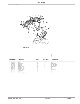 TRATORES JOHN DEERE 7500 CPCQ26568 30Jan02
PARALAMAS DIANTEIROS
1
2
3
4
5
6
7
8
9
10
L114706
19M8653
L114159
L114160
19M7791
AL69320
AL69331
19M7790
L64560
L27099
03M7264
14M7296
BASE
PARAFUSO
FIXADOR
FIXADOR
PARAF SEXT
SUPORTE DIR
SUPORTE ESQ
PARAF SEXT
PARALAMAS
CHAPA
PARAF FRANCES
PORCA C/FLANGE
2
8
1
1
4
1
1
6
2
6
12
12
7
5
0
0
X
X
X
X
X
X
X
X
X
X
X
X
M16X35
RH OR LH
RH OR LH
M12X40
M12X35
M10X25
M10
80.037
-
-
-
-
-
-
-
-
-
-
-
-
ITEM NÚMERO DESCRIÇÃO QTDE OBSERVAÇÕESNO. SÉRIE
 