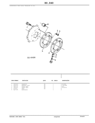 TRATORES JOHN DEERE 7500 CPCQ26568 30Jan02
CONTRAPESOS PARA RODAS TRASEIRAS DE AÇO
1
2
3
4
5
6
19M7609
24M7049
14M7142
19M7952
L28228
CQ27184
PARAFUSO
ARRUELA LISA
PORCA SEXT
PARAF SEXT
PESO
ESPACADOR
AR
AR
AR
AR
AR
7
5
0
0
X
X
X
X
X
X
M16X90
18X30MM
M16
M16X160
80.040
-
-
-
-
-
-
ITEM NÚMERO DESCRIÇÃO QTDE OBSERVAÇÕESNO. SÉRIE
 