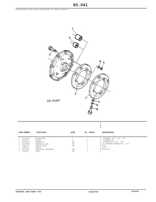 TRATORES JOHN DEERE 7500 CPCQ26568 30Jan02
CONTRAPESOS PARA RODAS TRASEIRAS DE FERRO FUNDIDO
1
2
3
4
5
6
7
CQ26032
CQ16817
R34801R
CQ16408
14M7142
14H800
CQ26402
L28228
ESPACADOR
BUCHA
PARAFUSO
ARRUELA LISA
PORCA SEXT
PORCA
PARAFUSO QUADRADO
PESO
6
6
AR
AR
AR
AR
AR
7
5
0
0
X
X
X
X
X
X
X
X
W/WHEEL 30", 32", 34"
W/WHEEL38"
W/WHEEL30",32", 34"
16,5X40MM W/WHEEL30", 32"
M16
5/8"
M16X160
80.041
-
-
-
-
-
-
-
-
ITEM NÚMERO DESCRIÇÃO QTDE OBSERVAÇÕESNO. SÉRIE
 