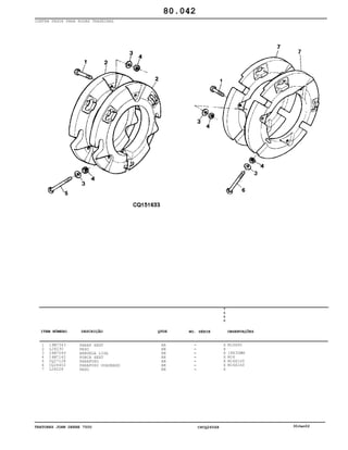 TRATORES JOHN DEERE 7500 CPCQ26568 30Jan02
CONTRA PESOS PARA RODAS TRASEIRAS
1
2
3
4
5
6
7
19M7343
L28230
24M7049
14M7142
CQ27128
CQ26402
L28228
PARAF SEXT
PESO
ARRUELA LISA
PORCA SEXT
PARAFUSO
PARAFUSO QUADRADO
PESO
AR
AR
AR
AR
AR
AR
AR
7
5
0
0
X
X
X
X
X
X
X
M16X60
18X30MM
M16
M16X100
M16X160
80.042
-
-
-
-
-
-
-
ITEM NÚMERO DESCRIÇÃO QTDE OBSERVAÇÕESNO. SÉRIE
 