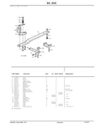TRATORES JOHN DEERE 7500 CPCQ26568 30Jan02
BARRA DE TRAÇÃO OSCILANTE
1
2
3
4
5
6
7
8
9
10
11
12
13
14
15
16
17
18
19
20
L76089
L76136
R95613
L18955
L76093
R95612
CQ25577
19M7518
CQ26407
F304R
19M7722
24H1513
R88667
DQ26791
DQ28142
DQ34064
DQ34065
L76088
19M8485
L76091
L76092
CQ33967
CQ33966
CQ28141
CQ26790
CQ31233
PINO
BUJAO
PINO
CONTRAPINO
BARRA TRACAO
BUCHA
SUPORTE
PARAF SEXT
SUPORTE
MOLA
PARAF SEXT
ARRUELA LISA
PORCA ESPECIAL
PINO
PINO
PINO
PINO
SUPORTE
PARAF SEXT
SUPORTE
ESPACADOR
PINO
PINO
PINO
PINO
PINO ELÁSTICO
1
1
2
2
1
1
1
AR
1
1
AR
AR
1
1
1
1
1
AR
1
2
1
1
1
1
1
XXXXXX
XXXXXX
XXXXXX
XXXXXX
XXXXXX
XXXXXX
XXXXXX
XXXXXX
7
5
0
0
X
X
X
X
X
X
X
X
X
X
X
X
X
X
X
X
X
X
X
X
X
X
X
X
X
X
M20X100
M20X160
35,7X1,5MM
(A)
(A)
M16X90
(A)
(A)
12.5X75X2.5
80.043
(A) EXPORTAÇÃO
-
-
-
-
-
-
-
-
-
-
-
-
-
-
-
-
-
-
-
-
-
-
-
-
-
-
ITEM NÚMERO DESCRIÇÃO QTDE OBSERVAÇÕESNO. SÉRIE TRATOR
 