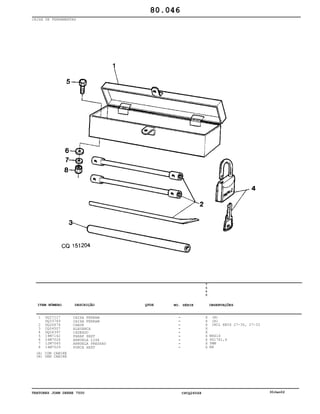 TRATORES JOHN DEERE 7500 CPCQ26568 30Jan02
CAIXA DE FERRAMENTAS
1
2
3
4
5
6
7
8
DQ27127
DQ33769
DQ26674
CQ04507
DQ04397
19M7162
24M7026
12M7065
14M7029
CAIXA FERRAM
CAIXA FERRAM
CHAVE
ALAVANCA
CADEADO
PARAF SEXT
ARRUELA LISA
ARRUELA PRESSAO
PORCA SEXT
7
5
0
0
X
X
X
X
X
X
X
X
X
(B)
(A)
INCL KEYS 27-30, 27-33
M8X16
9X17X1,6
5MM
M8
80.046
(A)
(B)
COM CABINE
SEM CABINE
-
-
-
-
-
-
-
-
-
ITEM NÚMERO DESCRIÇÃO QTDE OBSERVAÇÕESNO. SÉRIE
 