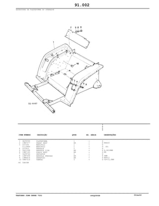 TRATORES JOHN DEERE 7500 CPCQ26568 30Jan02
ESTRUTURA DA PLATAFORMA DO OPERADOR
1
2
3
4
5
6
7
8
9
10
DQ34346
19M7077
L57250
L113886
L57823
CQ01248
14M7165
CQ28744
12M7006
19M6614
99M7016
PLATAFORMA
PARAF SEXT
MANIPULO
MANÍPULO
ARRUELA
ARRUELA LISA
PORCA SEXT
DEFLETOR
ARRUELA PRESSAO
PARAFUSO
TAMPAO
1
AR
1
1
2
AR
AR
1
AR
AR
3
7
5
0
0
X
X
X
X
X
X
X
X
X
X
X
M6X20
(A)
6,4X18MM
M6
6MM
M6X12
OD=10,0MM
91.002
(A) CABINE
-
-
-
-
-
-
-
-
-
-
-
ITEM NÚMERO DESCRIÇÃO QTDE OBSERVAÇÕESNO. SÉRIE
 