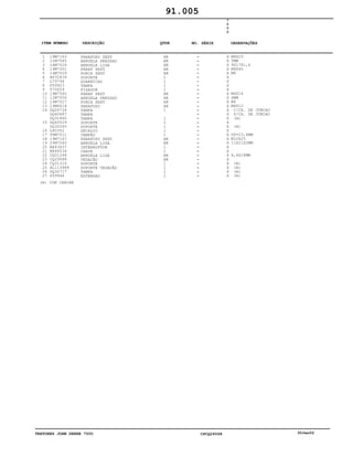 TRATORES JOHN DEERE 7500 CPCQ26568 30Jan02
1
2
3
4
5
6
7
8
9
10
11
12
13
14
15
16
17
18
19
20
21
22
23
24
25
26
27
19M7163
12M7065
24M7026
19M7301
14M7029
AP32839
L79794
P59923
T70659
19M7560
12M7006
14M7027
19M6614
DQ26734
DQ60687
DQ31860
DQ60529
DQ32045
L80302
99M7011
19M7167
24M7040
RE43637
RE46534
CQ01248
CQ29588
CQ31316
AL113988
DQ32717
P59946
PARAFUSO SEXT
ARRUELA PRESSAO
ARRUELA LISA
PARAF SEXT
PORCA SEXT
SUPORTE
GUARNICAO
TAMPA
FIXADOR
PARAF SEXT
ARRUELA PRESSAO
PORCA SEXT
PARAFUSO
TAMPA
TAMPA
TAMPA
SUPORTE
SUPORTE
DECALCO
TAMPÃO
PARAFUSO SEXT
ARRUELA LISA
INTERRUPTOR
CHAVE
ARRUELA LISA
VEDAÇÃO
SUPORTE
SUPORTE VEDAÇÃO
TAMPA
EXTENSAO
AR
AR
AR
AR
AR
1
1
1
1
AR
AR
AR
AR
1
1
1
1
1
1
AR
AR
1
1
AR
AR
1
1
1
1
7
5
0
0
X
X
X
X
X
X
X
X
X
X
X
X
X
X
X
X
X
X
X
X
X
X
X
X
X
X
X
X
X
X
M8X25
5MM
9X17X1,6
M8X40
M8
M6X16
6MM
M6
M6X12
C/CX. DE JUNCAO
S/CX. DE JUNCAO
(A)
(A)
OD=23,6MM
M10X25
11X21X2MM
6,4X18MM
(A)
(A)
(A)
(A)
91.005
(A) COM CABINE
-
-
-
-
-
-
-
-
-
-
-
-
-
-
-
-
-
-
-
-
-
-
-
-
-
-
-
-
-
-
ITEM NÚMERO DESCRIÇÃO QTDE OBSERVAÇÕESNO. SÉRIE
 