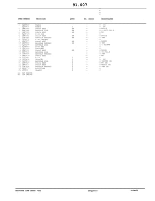 TRATORES JOHN DEERE 7500 CPCQ26568 30Jan02
1
2
3
4
5
6
7
8
9
10
11
12
13
14
15
16
17
18
19
20
21
22
23
24
25
DQ25815
DQ33631
19M7560
24M7088
14M7165
DQ24729
19M7162
12M7065
CQ24972
19M7077
12M7006
CQ01248
DQ34943
CQ27559
19M7301
24M7026
12M7065
14M7029
CQ27441
CQ33630
CQ07213
14M7027
19M7077
12M7006
DQ34773
L59800
TAMPA
TAMPA
PARAF SEXT
ARRUELA LISA
PORCA SEXT
PISO DIR
PARAF SEXT
ARRUELA PRESSAO
PISO CENTRAL
PARAF SEXT
ARRUELA PRESSAO
ARRUELA LISA
PISO ESQ
CORRIMAO
PARAF SEXT
ARRUELA LISA
ARRUELA PRESSAO
PORCA SEXT
FITA
VEDAÇÃO
ARRUELA LISA
PORCA SEXT
PARAF SEXT
ARRUELA PRESSAO
ESCOTILHA
GRAMPO
1
AR
AR
AR
AR
AR
AR
AR
AR
1
1
2
2
2
2
1
4
7
5
0
0
X
X
X
X
X
X
X
X
X
X
X
X
X
X
X
X
X
X
X
X
X
X
X
X
X
X
(A)
(B)
M6X16
6.6X12.5X1.6
M6
M8X16
5MM
M6X20
6MM
6,4X18MM
M8X40
9X17X1,6
5MM
M8
(B)
6X25MM (B)
M6 (B)
M6X20 (B)
6MM (B)
91.007
(A)
(B)
SEM CABINE
COM CABINE
-
-
-
-
-
-
-
-
-
-
-
-
-
-
-
-
-
-
-
-
-
-
-
-
-
-
ITEM NÚMERO DESCRIÇÃO QTDE OBSERVAÇÕESNO. SÉRIE
 