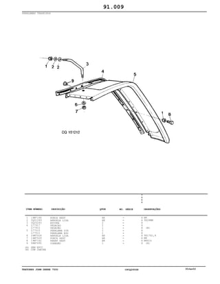 TRATORES JOHN DEERE 7500 CPCQ26568 30Jan02
PARALAMAS TRASEIROS
1
2
3
4
5
6
7
8
9
14M7166
CQ01249
CQ25243
L77917
L77912
L77510
L77511
24M7026
14M7029
19M7162
99M7095
PORCA SEXT
ARRUELA LISA
ESCORA
VEDACAO
VEDAÇÃO
PARALAMA DIR
PARALAMA ESQ
ARRUELA LISA
PORCA SEXT
PARAF SEXT
CONEXÃO
AR
AR
2
2
1
1
1
AR
AR
AR
1
7
5
0
0
X
X
X
X
X
X
X
X
X
X
X
M8
9X28MM
(B)
9X17X1,6
M8
M8X16
(A)
91.009
(A)
(B)
SEM EPCC
COM CABINE
-
-
-
-
-
-
-
-
-
-
-
ITEM NÚMERO DESCRIÇÃO QTDE OBSERVAÇÕESNO. SÉRIE
 