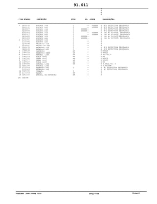 TRATORES JOHN DEERE 7500 CPCQ26568 30Jan02
1
2
3
4
5
6
7
8
9
10
11
12
13
14
15
16
DQ26130
DQ26131
DQ34507
DQ34508
AL82916
AL82917
DQ34488
DQ34489
L101641
L101640
CQ30098
CQ30097
CQ26135
CQ26136
19M7139
19M7163
24M7026
14M7029
19M7560
19M7077
14M7027
24M7088
CQ01248
L101649
L101643
99M7095
L114318
CQ42250
SUPORTE DIR
SUPORTE ESQ
SUPORTE DIR
SUPORTE ESQ
SUPORTE DIR
SUPORTE ESQ
SUPORTE DIR
SUPORTE ESQ
SUPORTE DIR
SUPORTE ESQ
PROTEÇÃO DIR
PROTEÇ!AO ESQ
EXTENSAO DIR
EXTENSAO ESQ
PARAFUSO
PARAFUSO SEXT
ARRUELA LISA
PORCA SEXT
PARAF SEXT
PARAF SEXT
PORCA SEXT
ARRUELA LISA
ARRUELA LISA
EXTENSÃO ESQ
EXTENSÃO DIR
CONEXÃO
TAMPÃO
ARRUELA DE RETENÇÃO
1
1
1
1
1
1
1
1
1
1
1
1
1
1
AR
AR
AR
AR
AR
AR
AR
AR
1
3
AR
AR
XXXXXX
XXXXXX
XXXXXX
XXXXXX
XXXXXX
XXXXXX
XXXXXX
XXXXXX
7
5
0
0
X
X
X
X
X
X
X
X
X
X
X
X
X
X
X
X
X
X
X
X
X
X
X
X
X
X
X
X
W/O ESTRUTURA SEGURANÇA
W/0 ESTRUTURA SEGURANÇA
W/0 ESTRUTURA SEGURANÇA
W/O ESTRUTURA SEGURANÇA
(A) W/ ESTRUT. SEGURANÇA
(A) W/ ESTRUT. SEGURANÇA
(A) W/ ESTRUT.SEGURANÇA
(A) W/ ESTRUT. SEGURANÇA
W/0 ESTRUTURA SEGURANÇA
W/0 ESTRUTURA SEGURANÇA
M8X20
M8X25
9X17X1,6
M8
M6X16
M6X20
M6
6.6X12.5X1.6
6,4X18MM
W/ ESTRUTURA SEGURANÇA
W/ ESTRUTURA SEGURANÇA
91.011
(A) CABINE
-
-
-
-
-
-
-
-
-
-
-
-
-
-
-
-
-
-
-
-
-
-
-
-
-
-
-
-
ITEM NÚMERO DESCRIÇÃO QTDE OBSERVAÇÕESNO. SÉRIE
 
