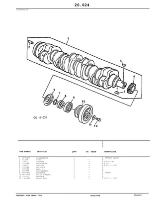 TRATORES JOHN DEERE 7500 CPCQ26568 30Jan02
VIRABREQUIM
1
2
3
4
5
6
7
8
9
10
11
12
RE45517
A120R
26H72
T20094
26H27
T20046
H35244
R81989
AR67942
RE12820
T20217
19H2993
VIRABREQUIM
PINO
CHAVETA
ENGRENAGEM
CHAVETA
DEFLETOR
ANEL O
ACOPLAMENTO
RETENTOR
POLIA C/AMORT.
ARRUELA
PARAF SEXT
1
1
1
1
1
1
1
1
1
1
1
1
7
5
0
0
X
X
X
X
X
X
X
X
X
X
X
X
MARKED R121027
1/8"X5/8"
Z 24
5/16"X1.1/8"
FRONT
1/2"X 1 1/2"
20.024
-
-
-
-
-
-
-
-
-
-
-
-
ITEM NÚMERO DESCRIÇÃO QTDE OBSERVAÇÕESNO. SÉRIE
 