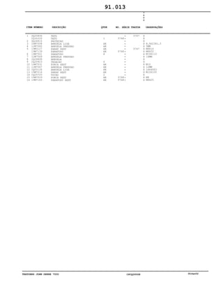 TRATORES JOHN DEERE 7500 CPCQ26568 30Jan02
1
2
3
4
5
6
7
8
9
10
11
12
13
14
15
16
DQ25856
CQ32225
DQ24915
24M7008
12M7065
19M3127
19M7139
19M7501
12M7069
CQ24899
CQ25923
14M7031
12M7067
CQ05126
19M7216
CQ25725
19M7029
19M7163
TETO
TETO
PROTECAO
ARRUELA LISA
ARRUELA PRESSAO
PARAF SEXT
PARAFUSO
PARAFUSO
ARRUELA PRESSAO
ARRUELA
VEDACAO
PORCA SEXT
ARRUELA PRESSAO
ARRUELA LISA
PARAF SEXT
TUCHO
PORCA SEXT
PARAFUSO SEXT
1
AR
AR
AR
AR
8
6
AR
AR
AR
AR
2
AR
AR
5748
5748
5748
5748
5747
5747
7
5
0
0
X
X
X
X
X
X
X
X
X
X
X
X
X
X
X
X
X
X
8,4X23X1,5
5MM
M8X16
M8X20
M16X110
16MM
M12
12MM
14X40X3
M12X100
M8
M8X25
91.013
-
-
-
-
-
-
-
-
-
-
-
-
-
-
-
-
-
-
ITEM NÚMERO DESCRIÇÃO QTDE OBSERVAÇÕESNO. SÉRIE TRATOR
 