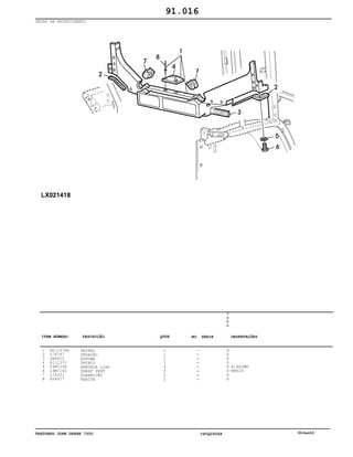 TRATORES JOHN DEERE 7500 CPCQ26568 30Jan02
PEÇAS DE REVESTIMENTO
1
2
3
4
5
6
7
8
AL114768
L76767
UN4822
R111570
24M7298
19M7162
L76331
R54477
PAINEL
VEDAÇÃO
ESPUMA
TRINCO
ARRUELA LISA
PARAF SEXT
GUARNIÇÃO
REBITE
1
1
1
1
6
6
2
2
7
5
0
0
X
X
X
X
X
X
X
X
8,4X2MM
M8X16
91.016
-
-
-
-
-
-
-
-
ITEM NÚMERO DESCRIÇÃO QTDE OBSERVAÇÕESNO. SÉRIE
 