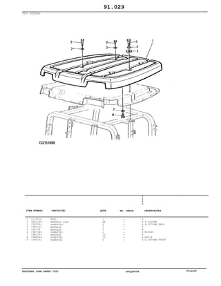 TRATORES JOHN DEERE 7500 CPCQ26568 30Jan02
TETO EXTERNO
1
2
3
4
5
6
7
8
9
L110276
CQ01248
37M7260
24M7315
L40376
19M7344
24M7251
19M8648
37M7242
TETO
ARRUELA LISA
PARAFUSO]
ARRUELA
ARRUELA
PARAFUSO
ARRUELA
PARAFUSO
PARAFUSO
1
AR
4
2
2
2
13
13
4
7
5
0
0
X
X
X
X
X
X
X
X
X
6,4X18MM
6,3X70MM REAR
M16X65
M6X16
6,3X55MM FRONT
91.029
-
-
-
-
-
-
-
-
-
ITEM NÚMERO DESCRIÇÃO QTDE OBSERVAÇÕESNO. SÉRIE
 