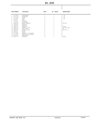 TRATORES JOHN DEERE 7500 CPCQ26568 30Jan02
1
2
3
4
5
6
7
8
9
10
11
12
13
14
15
16
17
18
19
20
L113440
AL113176
L113436
L113438
R74402
L113717
L113718
03M7085
37M7063
24M7146
21M7310
24M7054
14M7166
24M7026
L78691
RE71557
L113908
L113907
AL113174
19M7574
CANTONEIRA
FECHADURA
PLACA
CAPÔ
TOPE
ESTRIBO
FECHADURA
PARAF FRANCES
PARAFUSO
ARRUELA
PARAFUSO
ARRUELA LISA
PORCA SEXT
ARRUELA LISA
BUCHA
CHAVE
ARRUELA DE VEDAÇÃO
ARRUELA DE VEDAÇÃO
CANTONEIRA
PARAFUSO
1
1
1
1
2
1
2
2
6
6
2
2
4
4
2
2
2
2
2
4
7
5
0
0
X
X
X
X
X
X
X
X
X
X
X
X
X
X
X
X
X
X
X
X
LH
LH
LH
LH
M10X30
M6X25
6,4X12,5MM
M8
9X17X1,6
M8X40
91.035
-
-
-
-
-
-
-
-
-
-
-
-
-
-
-
-
-
-
-
-
ITEM NÚMERO DESCRIÇÃO QTDE OBSERVAÇÕESNO. SÉRIE
 