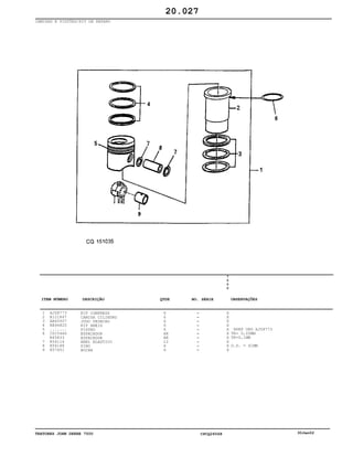 TRATORES JOHN DEERE 7500 CPCQ26568 30Jan02
CAMISAS E PISTÕES/KIT DE REPARO
1
2
3
4
5
6
7
8
9
AJ58773
R121867
AR65507
RE66820
.......
CD15466
R65833
R54114
R56188
R57451
KIT COMPRESS
CAMISA CILINDRO
JOGO VEDACAO
KIT ANEIS
PISTAO
ESPACADOR
ESPACADOR
ANEL ELASTICO
PINO
BUCHA
6
6
6
6
6
AR
AR
12
6
6
7
5
0
0
X
X
X
X
X
X
X
X
X
X
NSEP ORD AJ58773
TK= 0,05MM
TK=0,1MM
O.D. = 41MM
20.027
-
-
-
-
-
-
-
-
-
-
ITEM NÚMERO DESCRIÇÃO QTDE OBSERVAÇÕESNO. SÉRIE
 