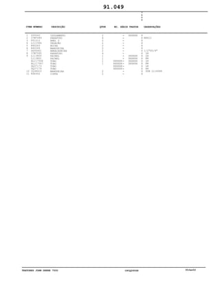TRATORES JOHN DEERE 7500 CPCQ26568 30Jan02
1
2
3
4
5
6
7
8
9
10
11
Z59343
37M7089
P51212
L111584
R60263
R60264
SG06401
37M7095
L113800
L113801
AL117566
AL117567
DQ37173
DQ37174
CQ38910
R44302
ISOLAMENTO
PARAFUSO
ANEL O
VEDAÇÃO
BUCHA
MANGUEIRA
ABRAÇADEIRA
PARAFUSO
PAINEL
PAINEL
TUBO
TUBO
TUBO
TUBO
MANGUEIRA
CINTA
2
4
2
2
2
2
2
4
1
1
1
1
2
2
XXXXXX
XXXXXX
XXXXXX
XXXXXX
XXXXXX
XXXXXX
XXXXXX
XXXXXX
XXXXXX
7
5
0
0
X
X
X
X
X
X
X
X
X
X
X
X
X
X
X
X
M6X12
1/2"X5/8"
LH
LH
RH
LH
RH
LH
RH
SUB L114086
91.049
-
-
-
-
-
-
-
-
-
-
-
-
-
-
-
-
ITEM NÚMERO DESCRIÇÃO QTDE OBSERVAÇÕESNO. SÉRIE TRATOR
 