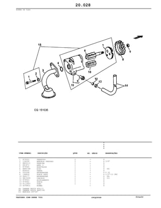 TRATORES JOHN DEERE 7500 CPCQ26568 30Jan02
BOMBA DE ÓLEO
1
2
3
4
5
6
7
8
9
10
11
12
13
14
15
R74552
12H304
RE50211
R61871
R79560
AR85788
R54632
T20298
14H826
R66177
RE15490
R79563
R79562
R112867
AJ58821
PARAFUSO
ARRUELA PRESSAO
PENEIRA
ANEL O
ADAPTADOR
EIXO
TAMPA
ENGRENAGEM
PORCA SEXT
ENGRENAGEM
CARCACA
ACOPLAMENTO
PORCA
TUBO
BOMBA
2
2
1
1
1
1
1
1
1
1
1
1
1
1
7
5
0
0
X
X
X
X
X
X
X
X
X
X
X
X
X
X
X
3/8"
(A)
Z 33
1/2"-13 UNC
(B)
(C)
20.028
(A)
(B)
(C)
TAMBEM PEDIR R66177
TAMBEM PEDIR AR85788
MARCADO R97587
-
-
-
-
-
-
-
-
-
-
-
-
-
-
-
ITEM NÚMERO DESCRIÇÃO QTDE OBSERVAÇÕESNO. SÉRIE
 