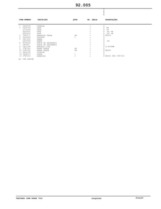 TRATORES JOHN DEERE 7500 CPCQ26568 30Jan02
1
2
3
4
5
6
7
8
9
10
11
12
13
CQ26154
CQ26793
L115285
DQ32632
DQ32633
21M7271
CQ29446
CQ27422
CQ32569
R106529
L80355
CQ01248
37M7165
21M7362
DQ26146
CQ34313
37M7203
CONSOLE
CAPÔ
CAPÔ
CAPÔ
CAPÔ
PARAFUSO FENDA
SUPORTE
TAMPA
TAMPA
PORCA DE SEGURANÇA
PORCA DE SEGURANÇA
ARRUELA LISA
PARAF FENDA
PARAF FENDA
FIXADOR
CHAPA
PARAFUSO
AR
1
AR
AR
1
2
7
5
0
0
X
X
X
X
X
X
X
X
X
X
X
X
X
X
X
X
X
RH
LH
(A) RH
(A) LH
M5X16
(A)
6,4X18MM
M6X20
M4X20 SUB 37M7336
92.005
(A) COM CABINE
-
-
-
-
-
-
-
-
-
-
-
-
-
-
-
-
-
ITEM NÚMERO DESCRIÇÃO QTDE OBSERVAÇÕESNO. SÉRIE
 