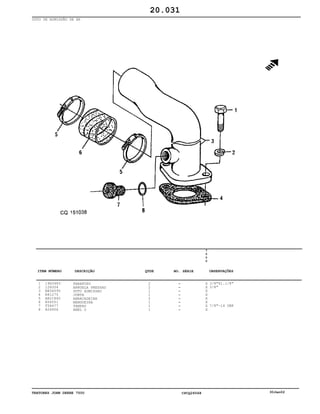 TRATORES JOHN DEERE 7500 CPCQ26568 30Jan02
DUTO DE ADMISSÃO DE AR
1
2
3
4
5
6
7
8
19H3483
12H304
RE56595
R81275
AR21840
R56551
T58477
R26906
PARAFUSO
ARRUELA PRESSAO
DUTO ADMISSAO
JUNTA
ABRACADEIRA
MANGUEIRA
TAMPAO
ANEL O
2
2
1
1
2
1
1
1
7
5
0
0
X
X
X
X
X
X
X
X
3/8"X1.1/8"
3/8"
7/8"-14 UNF
20.031
-
-
-
-
-
-
-
-
ITEM NÚMERO DESCRIÇÃO QTDE OBSERVAÇÕESNO. SÉRIE
 