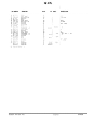 TRATORES JOHN DEERE 7500 CPCQ26568 30Jan02
1
2
3
4
5
6
7
8
9
10
11
12
13
14
15
16
17
18
19
20
21
22
L77964
19M7560
CQ01248
L77805
AL110859
19M7162
CQ01249
L112053
L77963
L101929
L77978
AL110850
AL117583
14M7166
CQ36978
14M7029
19M8403
AL110849
AL117582
AL110860
L110566
CQ41926
L111988
L111987
AL80994
AL117787
AL119584
DQ46828
TAMPA
PARAF SEXT
ARRUELA LISA
MANIPULO
HASTE
PARAF SEXT
ARRUELA LISA
SUPORTE
ARRUELA
ESPACADOR
BUCHA
QUADRANTE C-D
QUADRANTE C-D
PORCA SEXT
ARRUELA
PORCA SEXT
PARAF SEXT
QUADRANTE A-B
QUADRANTE A-B
SUPORTE
PINO
PINO
ARRUELA
ARRUELA
BUCHA
GRAXEIRA
GRAXEIRA
GRAXEIRA
1
AR
AR
1
AR
AR
1
5
1
1
1
1
AR
2
AR
AR
1
1
1
AR
1
AR
AR
1
1
1
1
XXXXXX
7231
7231
7553
10604
XXXXXX
XXXXXX
7230
7230
10603
7
5
0
0
X
X
X
X
X
X
X
X
X
X
X
X
X
X
X
X
X
X
X
X
X
X
X
X
X
X
X
X
M6X16
6,4X18MM
M8X16
9X28MM
TK=2,00MM
(B)
(B)
M8
M8
M8X75
INCL KEYS 11 (A)
(C)
TK=1,00MM
TK=1,5MM
92.023
(A)
(B)
CAMBIO GRUPO A - B
CAMBIO GRUPO C - D
-
-
-
-
-
-
-
-
-
-
-
-
-
-
-
-
-
-
-
-
-
-
-
-
-
-
-
-
ITEM NÚMERO DESCRIÇÃO QTDE OBSERVAÇÕESNO. SÉRIE
 