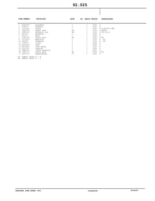 TRATORES JOHN DEERE 7500 CPCQ26568 30Jan02
1
2
3
4
5
6
7
8
9
10
11
12
13
14
15
16
17
AL82454
L58671
L110422
19M7295
24M7026
R50227
R31271
14M7029
L112425
L80051
L79076
DQ34208
AL79050
CQ33741
56M5259
14M7172
CQ03753
ALAVANCA
ARRUELA
PLACA
PARAF SEXT
ARRUELA LISA
RETENTOR
MOLA
PORCA SEXT
MANIPULO
TERMINAL
CLIPE
CABO
PINO TRAVA
VEDAÇÃO
JUNTA ESFERICA
PORCA SEXT
ABRACADEIRA
1
2
1
AR
AR
1
1
AR
1
1
1
1
1
2
1
AR
11
2092
2092
2092
2092
2092
2092
2092
2092
2092
2092
2092
2092
2092
2092
2092
2092
2092
7
5
0
0
X
X
X
X
X
X
X
X
X
X
X
X
X
X
X
X
X
8,4X16X1,6MM
M8X45
9X17X1,6
M8
(A)
(B)
M6
92.025
(A)
(B)
CAMBIO GRUPO A - B
CAMBIO GRUPO C - D
-
-
-
-
-
-
-
-
-
-
-
-
-
-
-
-
-
ITEM NÚMERO DESCRIÇÃO QTDE OBSERVAÇÕESNO. SÉRIE TRATOR
 