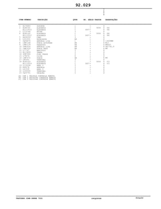 TRATORES JOHN DEERE 7500 CPCQ26568 30Jan02
1
2
3
4
5
6
7
8
9
10
11
12
13
14
15
16
17
18
19
20
21
22
23
AL76483
AL80141
AL113510
L110766
AL80142
AL113512
DQ34209
L101931
CQ06670
14M7168
19M7139
24M7026
14M7029
L77747
M113899
45M7080
L79076
14M7272
L80052
AL80143
AL113514
L110296
A4827R
L41536
L100560
CQ33741
SUPORTE
ALAVANCA
ALAVANCA
BUCHA
ALAVANCA
ALAVANCA
CABO
ESPACADOR
ARRUELA LISA
PORCA AUTOFREN
PARAFUSO
ARRUELA LISA
PORCA SEXT
MANIPULO
TAMPA
PINO TRAVA
CLIPE
PORCA
TERMINAL
ALAVANCA
ALAVANCA
ANEL O
ARRUELA
ANEL O
TERMINAL
VEDAÇÃO
1
1
1
3
1
1
3
AR
1
AR
AR
AR
AR
3
3
3
6
AR
3
1
1
3
3
3
3
3
3457
3457
3457
3456
3456
3456
7
5
0
0
X
X
X
X
X
X
X
X
X
X
X
X
X
X
X
X
X
X
X
X
X
X
X
X
X
X
(A)
(A)
(B)
(B)
13X38MM
M12
M8X20
9X17X1,6
M8
M6
(C)
(C)
92.029
(A)
(B)
(C)
COM 1 VÁLVULA CONTROLE REMOTO
COM 2 VALVULAS CONTROLE REMOTO
COM 3 VALVULAS CONTROLE REMOTO
-
-
-
-
-
-
-
-
-
-
-
-
-
-
-
-
-
-
-
-
-
-
-
-
-
-
ITEM NÚMERO DESCRIÇÃO QTDE OBSERVAÇÕESNO. SÉRIE TRATOR
 