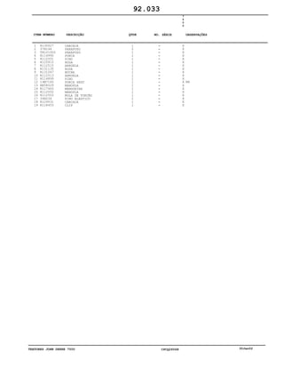 TRATORES JOHN DEERE 7500 CPCQ26568 30Jan02
1
2
3
4
5
6
7
8
9
10
11
12
13
14
15
16
17
18
19
R130027
37H144
TH101502
R114990
R112551
R125915
R112515
R131135
R131047
R112513
R114899
14M7165
RE58029
R117463
R112552
R112553
34H234
R129531
R118453
CARCAÇA
PARAFUSO
PARAFUSO
PORCA
PINO
RODA
ARRUELA
RODA
BUCHA
ARRUELA
PINO
PORCA SEXT
MANOPLA
MANGUEIRA
MANOPLA
MOLA DE TORÇÃO
PINO ELÁSTICO
CARCAÇA
CLIP
1
2
1
1
1
1
1
1
1
1
1
1
1
1
1
1
1
1
1
7
5
0
0
X
X
X
X
X
X
X
X
X
X
X
X
X
X
X
X
X
X
X
M6
92.033
-
-
-
-
-
-
-
-
-
-
-
-
-
-
-
-
-
-
-
ITEM NÚMERO DESCRIÇÃO QTDE OBSERVAÇÕESNO. SÉRIE
 