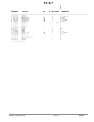 TRATORES JOHN DEERE 7500 CPCQ26568 30Jan02
1
2
3
4
5
6
7
8
9
10
11
12
13
14
15
16
17
18
19
20
L100486
AL118349
21M7362
21M7362
24M7087
37M7185
21M7403
L79574
L112511
L59635
L101932
AL79029
M84972
L79592
CQ25028
CQ39945
CQ01248
14M7027
CQ25259
37M7165
L80355
L102490
CQ34370
VEDACAO
REFORÇO
PARAF FENDA
PARAF FENDA
ARRUELA LISA
PARAF FENDA
PARAF FENDA
CONSOLE
CONSOLE
BUCHA
ESPACADOR
SUPORTE
CLIPE
TAMPA
TAMPA
TAMPA
ARRUELA LISA
PORCA SEXT
REFORCO
PARAF FENDA
PORCA DE SEGURANÇA
VEDAÇÃO
DECALCO
AR
AR
AR
AR
AR
1
AR
AR
2
1
3454
3453
7
5
0
0
X
X
X
X
X
X
X
X
X
X
X
X
X
X
X
X
X
X
X
X
X
X
X
INCL KEYS 1
M6X20
M6X20
5,5X10MM
4,8X16MM
M6X40
M6
(A)
6,4X18MM
M6
92.037
(A) SOMENTE COM CABINE
-
-
-
-
-
-
-
-
-
-
-
-
-
-
-
-
-
-
-
-
-
-
-
ITEM NÚMERO DESCRIÇÃO QTDE OBSERVAÇÕESNO. SÉRIE TRATOR
 