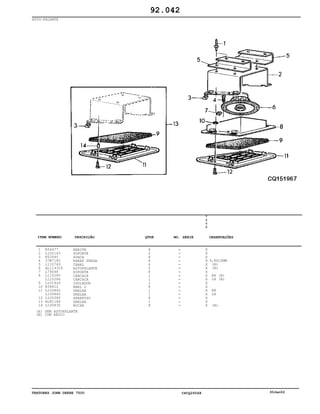 TRATORES JOHN DEERE 7500 CPCQ26568 30Jan02
AUTO-FALANTE
1
2
3
4
5
6
7
8
9
10
11
12
13
14
R54477
L102143
R52640
37M7185
L110769
AL114329
L79648
L110285
L110286
L101926
R34812
L100842
L100840
L100380
AL81184
L100830
REBITE
SUPORTE
PORCA
PARAF FENDA
CANAL
ALTOFALANTE
SUPORTE
CARCAÇA
CARCAÇA
ISOLADOR
ANEL O
GRELHA
GRELHA
PARAFUSO
GRELHA
BUCHA
8
2
8
8
4
2
8
1
1
2
8
1
1
8
1
8
7
5
0
0
X
X
X
X
X
X
X
X
X
X
X
X
X
X
X
X
4,8X16MM
(B)
(B)
RH (B)
LH (B)
RH
LH
(A)
92.042
(A)
(B)
SEM AUTOFALANTE
COM RÁDIO
-
-
-
-
-
-
-
-
-
-
-
-
-
-
-
-
ITEM NÚMERO DESCRIÇÃO QTDE OBSERVAÇÕESNO. SÉRIE
 