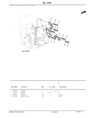 TRATORES JOHN DEERE 7500 CPCQ26568 30Jan02
CONJUNTO DE RETENÇÃO DOS CABOS DE COMANDO
1
2
3
4
5
6
AL80895
L100626
CQ60249
L100627
19M7139
19M7162
12M7065
SUPORTE
SUPORTE
SUPORTE
SUPORTE
PARAFUSO
PARAF SEXT
ARRUELA PRESSAO
1
1
1
1
AR
AR
AR
04679
04678
7
5
0
0
X
X
X
X
X
X
X
M8X20
M8X16
5MM
92.049
-
-
-
-
-
-
-
ITEM NÚMERO DESCRIÇÃO QTDE OBSERVAÇÕESNO. SÉRIE
 