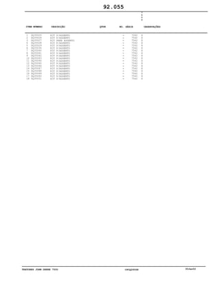 TRATORES JOHN DEERE 7500 CPCQ26568 30Jan02
1
2
3
4
5
6
7
8
9
10
11
12
13
14
15
16
17
18
DQ35025
DQ35026
DQ35027
DQ35028
DQ35029
DQ35030
DQ35040
DQ35041
DQ35042
DQ35043
DQ35044
DQ35045
DQ35046
DQ35047
DQ35048
DQ35049
DQ35050
DQ35051
KIT P/ASSENTO
KIT P/ASSENTO
KIT PARA ASSENTO
KIT P/ASSENTO
KIT P/ASSENTO
KIT P/ASSENTO
KIT P/ASSENTO
KIT P/ASSENTO
KIT P/ASSENTO
KIT P/ASSENTO
KIT P/ASSENTO
KIT P/ASSENTO
KIT P/ASSENTO
KIT P/ASSENTO
KIT P/ASSENTO
KIT P/ASSENTO
KIT P/ASSENTO
KIT P/ASSENTO
7542
7542
7542
7542
7542
7542
7542
7542
7542
7542
7542
7542
7542
7542
7542
7542
7542
7542
7
5
0
0
X
X
X
X
X
X
X
X
X
X
X
X
X
X
X
X
X
X
92.055
-
-
-
-
-
-
-
-
-
-
-
-
-
-
-
-
-
-
ITEM NÚMERO DESCRIÇÃO QTDE OBSERVAÇÕESNO. SÉRIE
 