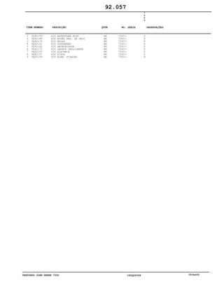 TRATORES JOHN DEERE 7500 CPCQ26568 30Jan02
1
2
3
4
5
6
7
8
9
DQ42159
DQ42160
DQ42174
DQ42161
DQ42162
DQ42175
DQ42163
DQ42167
DQ42168
KIT ESTRUTURA FLUT
KIT BOTÃO REG. DE PESO
KIT MOLAS
KIT SUSPENSÃO
KIT AMORTECEDOR
KIT SAPATA DESLIZANTE
KIT ALAVANCA
KIT EIXOS
KIT ELEM. FIXAÇÃO
AR
AR
AR
AR
AR
AR
AR
AR
AR
7543
7543
7543
7543
7543
7543
7543
7543
7543
7
5
0
0
X
X
X
X
X
X
X
X
X
92.057
-
-
-
-
-
-
-
-
-
ITEM NÚMERO DESCRIÇÃO QTDE OBSERVAÇÕESNO. SÉRIE
 