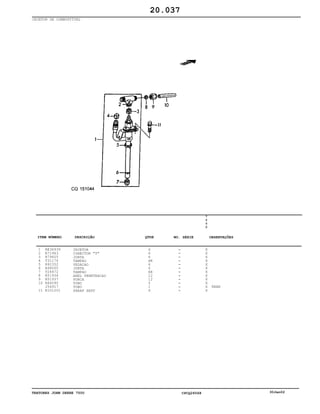 TRATORES JOHN DEERE 7500 CPCQ26568 30Jan02
INJETOR DE COMBUSTÍVEL
1
2
3
4
5
6
7
8
9
10
11
RE36939
R71963
R79605
T31174
R92352
R48000
T24472
R51936
R51937
R66090
J56917
R101201
INJETOR
CONECTOR "T"
JUNTA
TAMPAO
VEDACAO
JUNTA
TAMPAO
ANEL PENETRACAO
PORCA
TUBO
TUBO
PARAF SEXT
6
6
6
AR
6
6
AR
12
12
5
1
6
7
5
0
0
X
X
X
X
X
X
X
X
X
X
X
X
REAR
20.037
-
-
-
-
-
-
-
-
-
-
-
-
ITEM NÚMERO DESCRIÇÃO QTDE OBSERVAÇÕESNO. SÉRIE
 