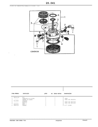 TRATORES JOHN DEERE 7500 CPCQ26568 30Jan02
FILTRO DE COMBUSTÍVEL/CABEÇA DO FILTRO - KIT
1
2
3
4
5
6
7
8
RE500160
.......
.......
R113565
.......
.......
RE26286
RE62158
KIT
CABEÇOTE DO FILTRO
TAMPÃO DE DRENO
VEDAÇÃO
BATENTE
ANEL O
ANEL O
TAMPÃO
1
1
1
1
1
1
2
2
7
5
0
0
X
X
X
X
X
X
X
X
NSEP
NSEP ORD RE60854
NSEP ORD RE51649
NSEP ORD RE51649
1/2" -20UNF
20.041
-
-
-
-
-
-
-
-
ITEM NÚMERO DESCRIÇÃO QTDE OBSERVAÇÕESNO. SÉRIE MOTOR
 