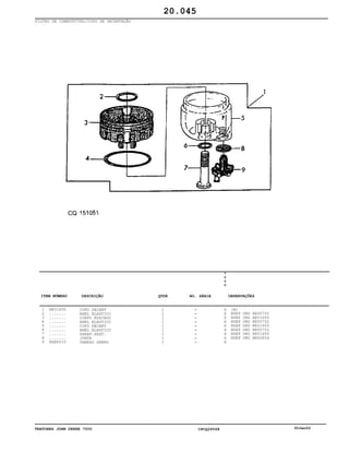 TRATORES JOHN DEERE 7500 CPCQ26568 30Jan02
FILTRO DE COMBUSTÍVEL/COPO DE DECANTAÇÃO
1
2
3
4
5
6
7
8
9
RE51650
.......
.......
.......
.......
.......
.......
.......
NSEP033
COPO DECANT
ANEL ELASTICO
CORPO ROSCADO
ANEL ELASTICO
COPO DECANT
ANEL ELASTICO
PARAF.SEXT.
JUNTA
TAMPAO DRENO
1
1
1
1
1
1
1
1
1
7
5
0
0
X
X
X
X
X
X
X
X
X
(A)
NSEP ORD RE50752
NSEP ORD RE51650
NSEP ORD RE50752
NSEP ORD RE51650
NSEP ORD RE50752
NSEP ORD RE51650
NSEP ORD RE60854
20.045
-
-
-
-
-
-
-
-
-
ITEM NÚMERO DESCRIÇÃO QTDE OBSERVAÇÕESNO. SÉRIE
 