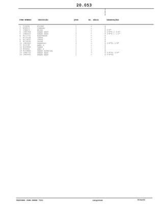 TRATORES JOHN DEERE 7500 CPCQ26568 30Jan02
1
2
3
4
5
6
7
8
9
10
11
12
13
14
15
16
T19044
R54823
15H623
19H1944
19H2633
R113701
R120146
R114097
R114096
19H3483
U12198
R109886
R56462
R109882
19H2733
19H3065
FILTRO
CONEXAO
BUJAO
PARAF SEXT
PARAF SEXT
ADAPTADOR
JUNTA
JUNTA
CAIXA
PARAFUSO
ANEL O
TAMPA
ANEL O
PARAF ESPECIAL
PARAF SEXT
PARAF SEXT
1
1
1
1
2
1
1
1
1
2
1
1
1
1
1
1
7
5
0
0
X
X
X
X
X
X
X
X
X
X
X
X
X
X
X
X
3/8"
3/8"X 2 3/4"
3/8"X 1 1/2"
3/8"X1.1/8"
3/8"X2 3/8"
3/8"X2
20.053
-
-
-
-
-
-
-
-
-
-
-
-
-
-
-
-
ITEM NÚMERO DESCRIÇÃO QTDE OBSERVAÇÕESNO. SÉRIE
 