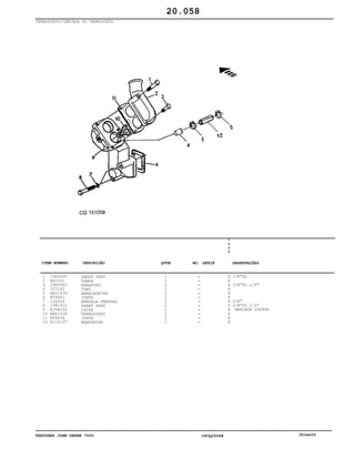TRATORES JOHN DEERE 7500 CPCQ26568 30Jan02
TERMOSTATO/CARCAÇA DO TERMOSTATO
1
2
3
4
5
6
7
8
9
10
11
12
19H3065
R61501
19H3483
J57192
AR21839
R54641
12H304
19H1912
AJ58552
AR61538
R54638
R116137
PARAF SEXT
TAMPA
PARAFUSO
TUBO
ABRAÇADEIRA
JUNTA
ARRUELA PRESSAO
PARAF SEXT
CAIXA
TERMOSTATO
JUNTA
MANGUEIRA
1
1
2
1
2
1
2
2
1
2
1
1
7
5
0
0
X
X
X
X
X
X
X
X
X
X
X
X
3/8"X2
3/8"X1.1/8"
3/8"
3/8"X3.1/2"
MARCADA J56994
20.058
-
-
-
-
-
-
-
-
-
-
-
-
ITEM NÚMERO DESCRIÇÃO QTDE OBSERVAÇÕESNO. SÉRIE
 