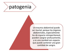 patogenia
Un trauma abdominal puede
ser mortal, porque los órganos
abdominales, especialmente
los de espacio retroperitoneal,
pueden sangrar profusamente,
y es una cavidad con espacio
que puede contener una gran
cantidad de sangre.
 
