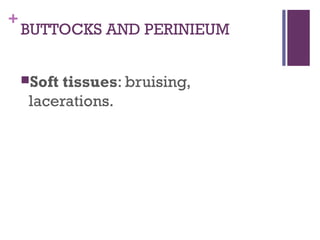 +

BUTTOCKS AND PERINIEUM
Soft

tissues: bruising,
lacerations. 

 