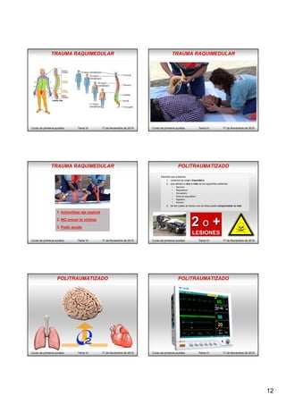 12
TRAUMA RAQUIMEDULAR
Curso de primeros auxilios Tema VI 17 de Noviembre de 2015
TRAUMA RAQUIMEDULAR
Curso de primeros auxilios Tema VI 17 de Noviembre de 2015
TRAUMA RAQUIMEDULAR
Curso de primeros auxilios Tema VI 17 de Noviembre de 2015
1. Inmovilizar eje espinal
2. NO mover la victima
3. Pedir ayuda
POLITRAUMATIZADO
Curso de primeros auxilios Tema VI 17 de Noviembre de 2015
22 oo ++
LESIONESLESIONES
Paciente que presenta:
1. Lesiones de origen traumático
2. que afectan a dos o más de los siguientes sistemas:
• Nervioso
• Respiratorio
• Circulatorio
• Músculo-esquelético
• Digestivo
• Urinario
3. de las cuales al menos una de ellas puede comprometer la vida
POLITRAUMATIZADO
Curso de primeros auxilios Tema VI 17 de Noviembre de 2015
POLITRAUMATIZADO
Curso de primeros auxilios Tema VI 17 de Noviembre de 2015
 