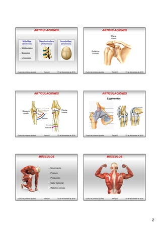 2
ARTICULACIONES
Móviles
(Diartrosis)
- Multiaxiales
- Biaxiales
- Uniaxiales
Semimóviles
(Anfiartrosis)
Inmóviles
(Sinartrosis)
Curso de primeros auxilios Tema VI 17 de Noviembre de 2015
ARTICULACIONES
Curso de primeros auxilios Tema VI 17 de Noviembre de 2015
Esférica
(multiaxial)
Plana
(Biaxial)
ARTICULACIONES
Curso de primeros auxilios Tema VI 17 de Noviembre de 2015
Pivote
(Uniaxial)
Bisagra
(Uniaxial)
ARTICULACIONES
Curso de primeros auxilios Tema VI 17 de Noviembre de 2015
Ligamentos
MÚSCULOS
Curso de primeros auxilios Tema VI 17 de Noviembre de 2015
- Movimiento
- Postura
- Protección
- Calor corporal
- Retorno venoso
Curso de primeros auxilios Tema VI 17 de Noviembre de 2015
MÚSCULOS
 