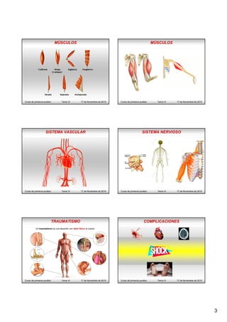 3
Curso de primeros auxilios Tema VI 17 de Noviembre de 2015
MÚSCULOS
Curso de primeros auxilios Tema VI 17 de Noviembre de 2015
MÚSCULOS
SISTEMA VASCULAR
Curso de primeros auxilios Tema VI 17 de Noviembre de 2015
SISTEMA NERVIOSO
Curso de primeros auxilios Tema VI 17 de Noviembre de 2015
TRAUMATISMO
Curso de primeros auxilios Tema VI 17 de Noviembre de 2015
Un traumatismo es una situación con daño físico al cuerpo
COMPLICACIONES
Curso de primeros auxilios Tema VI 17 de Noviembre de 2015
 